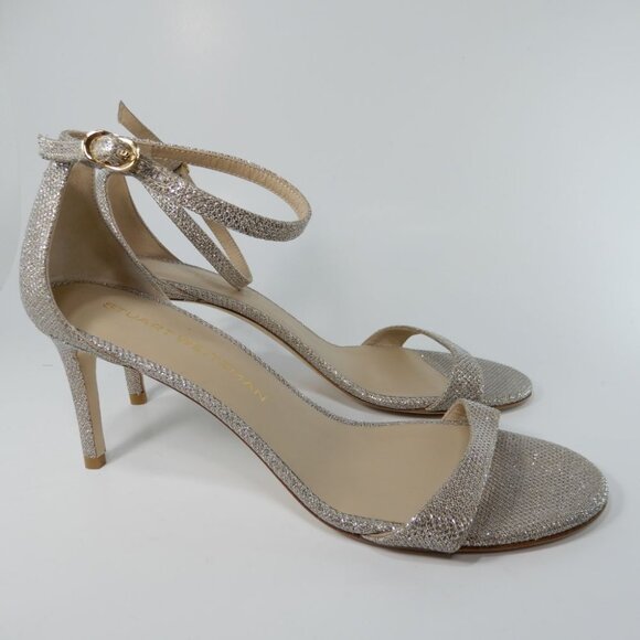 STUART WEITZMAN Nudist Heels Ankle Strap SANDALS Sz 9.5 Poudre Metallic NEW $525 - Picture 5 of 15